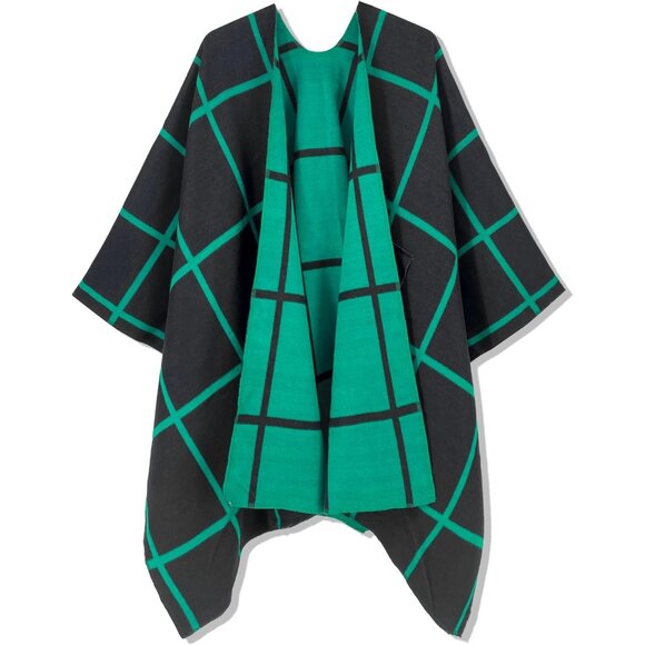 Women Shawl Wrap Poncho Ruana Cape Open Front Cardigan Fall Winter Green Black - Picture 6 of 6
